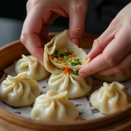 steamed dumplings in a bamboo steamer on the tableの素材