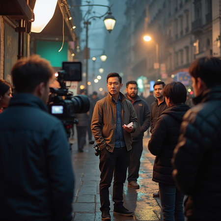 Unidentified people walking on the street at night.の素材