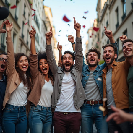 Group of happy young people having fun and dancing in the city.の素材