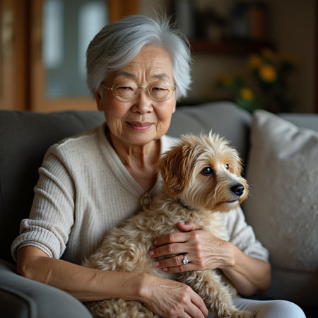 Elderly woman sitting on a sofa with her dog at homeの素材