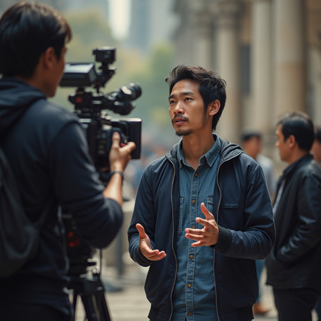 Young Asian man with camera and cameraman in the city.の素材