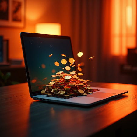 Laptop with flying gold coins on the table in the dark roomの素材