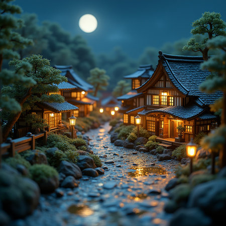 Traditional Japanese house at night with full moon in the backgroundの素材