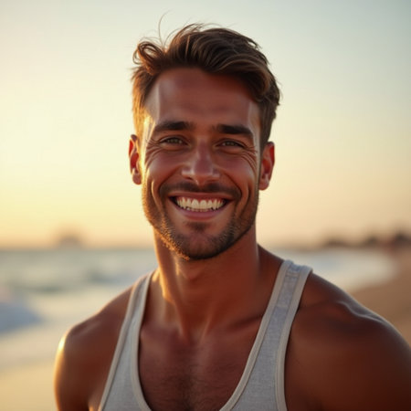 Portrait of a handsome young man smiling at the beach during sunsetの素材