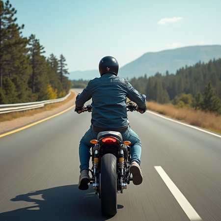 Rear view of a man riding a motorcycle on the road.の素材