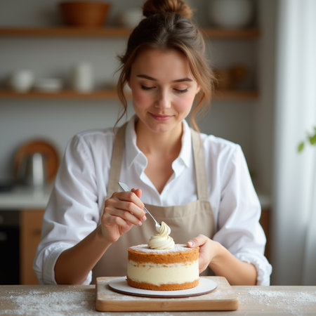 Young woman in apron decorating cake with cream in modern kitchen.の素材