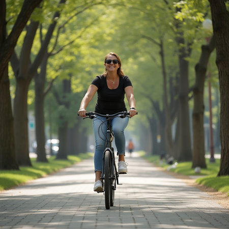 Young woman riding a bicycle in a city park on a sunny dayの素材