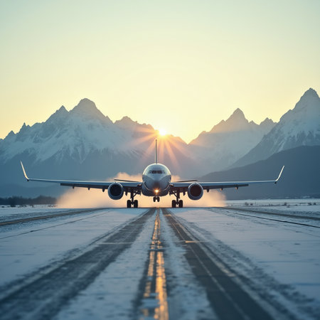 Airplane taking off from runway with snow capped mountains in the backgroundの素材