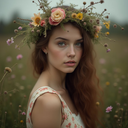 Beautiful young woman with wreath of flowers on head in summer fieldの素材