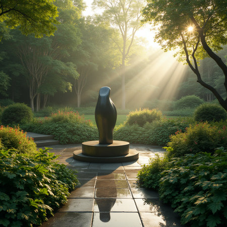 Beautiful summer landscape in the park with a statue of a womanの素材