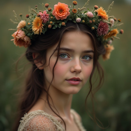 Beautiful young woman with a wreath of flowers on her headの素材