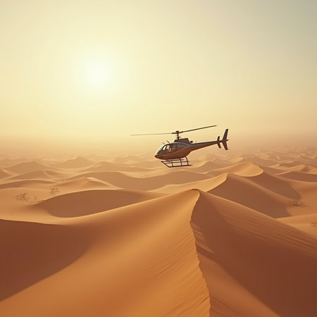 Helicopter in the Sahara desert at sunset. 3d renderingの素材