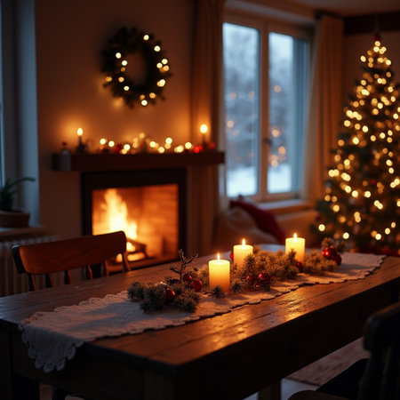 Wooden table with candles and Christmas tree in the living room.の素材