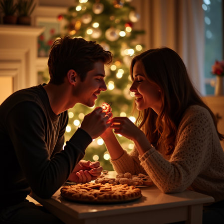Couple in love celebrating Christmas at home, having fun and eating cookies.の素材