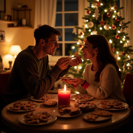 happy couple eating christmas cookies at home at christmas tree lightsの素材