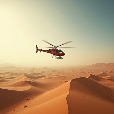 Helicopter in the desert. 3D illustration. Vintage style.の素材