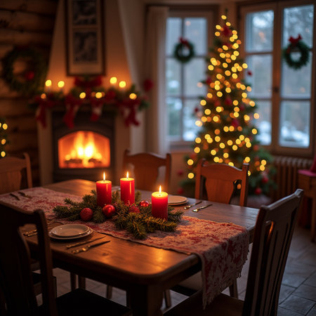 Christmas dinner in a rustic style with a Christmas tree in the backgroundの素材