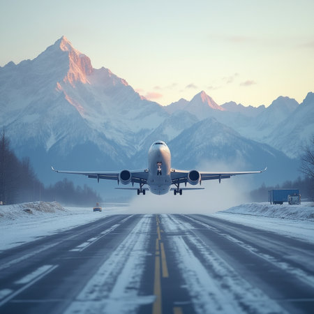 Airplane on the road in the mountains at sunset. Travel concept.の素材