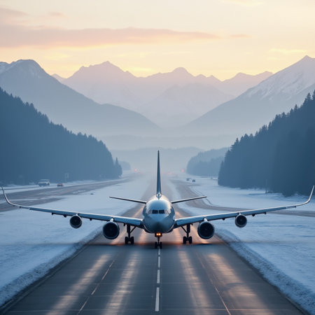 Airplane on the runway in the mountains at sunrise. Travel concept.の素材