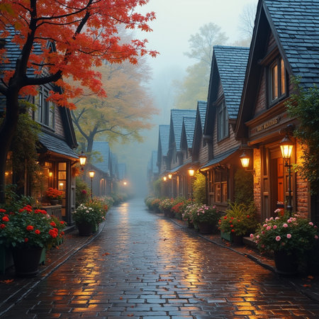 Old town street in a foggy autumn morning, Holland, Netherlandsの素材