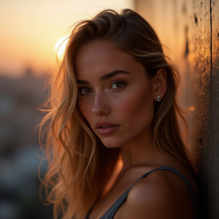Portrait of a beautiful young woman with blond hair at sunset.の素材