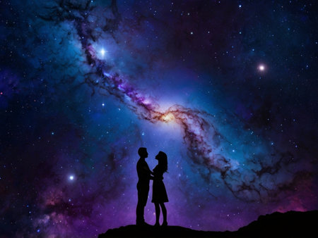 Silhouette of a loving couple looking at the milky wayの素材