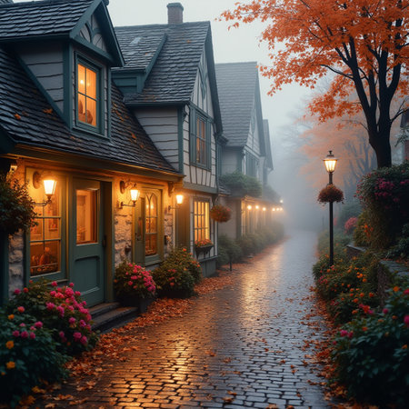 Houses in a foggy street in autumn, Holland, Netherlandsの素材