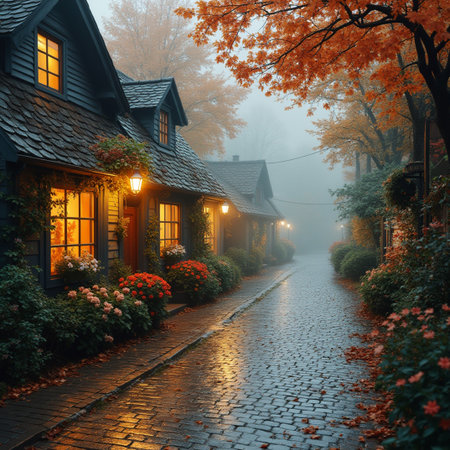 Autumn landscape with foggy street and old houses at night.の素材