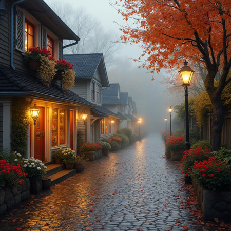 Old houses in a foggy street at night in the fall.の素材