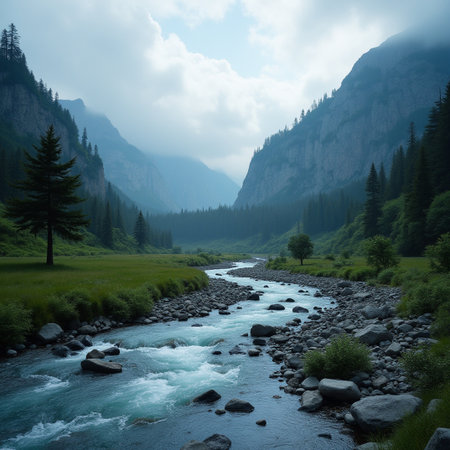 Mountain river in the valley. Altai, Siberia, Russiaの素材