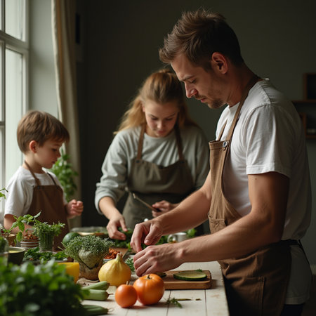 Happy family cooking together in the kitchen. Mother, father and children are preparing healthy food.の素材