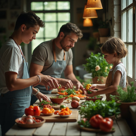 Happy family cooking together in the kitchen at home. Mother, father and their daughters are preparing vegetable salad.の素材