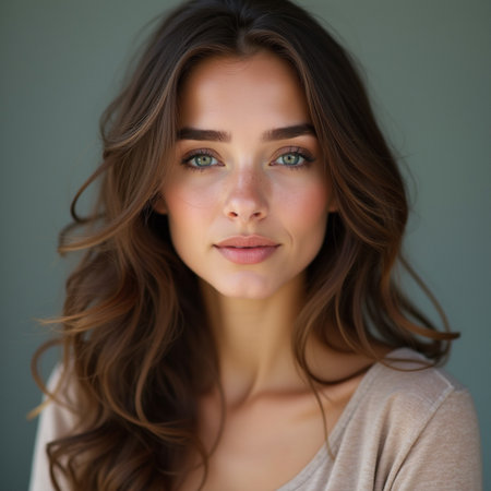 Portrait of a beautiful young woman with brown hair and makeup.の素材