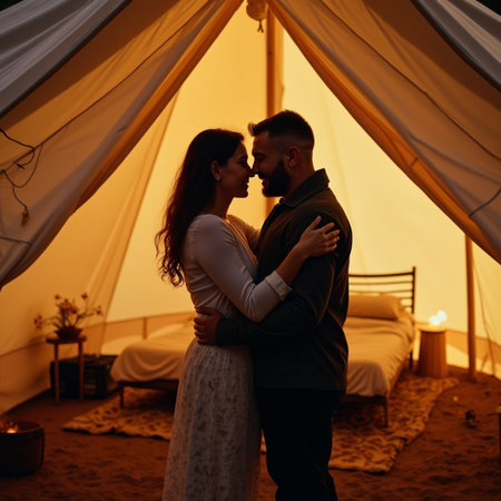 Young couple in love hugging and kissing in front of a tent on the beach.の素材