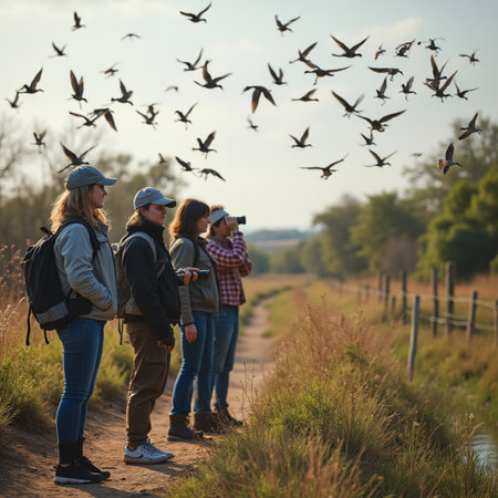 Group of friends walking in the countryside and looking at the birds.の素材