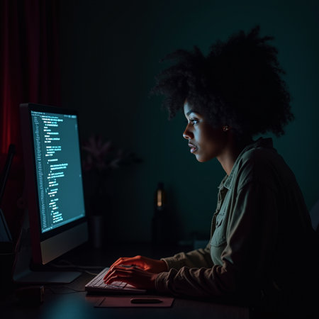 african american woman with afro hairstyle using computer at nightの素材