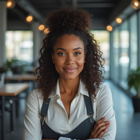 Portrait of smiling African American businesswoman with arms crossed in officeの素材