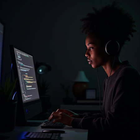 Young african-american woman in headphones using computer at nightの素材