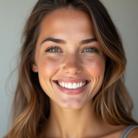 Close up portrait of a beautiful young woman smiling and looking at cameraの素材