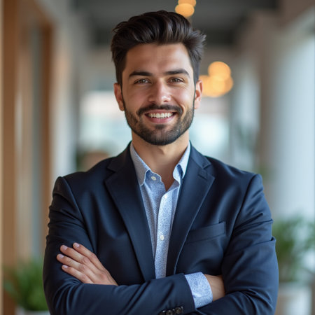 Portrait of a handsome young businessman with crossed arms standing in officeの素材