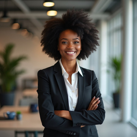 Portrait of happy African American businesswoman standing with arms crossed in officeの素材