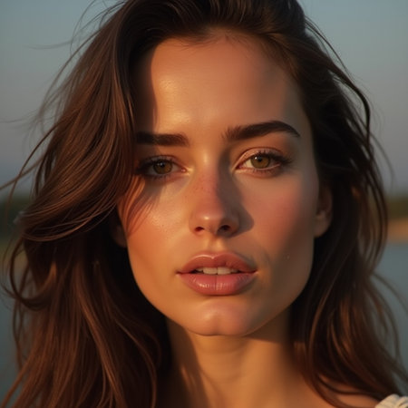 Portrait of a beautiful girl on the beach in the evening.の素材