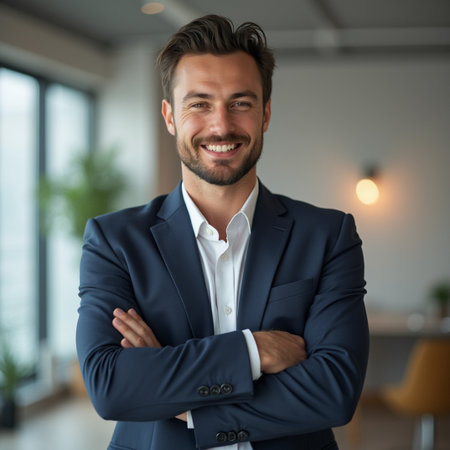 Portrait of a smiling young businessman standing with arms crossed in officeの素材