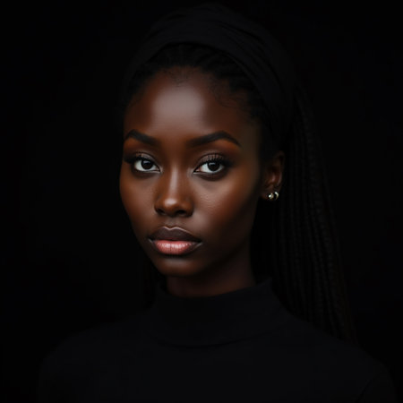 Portrait of a beautiful African American woman on black backgroundの素材