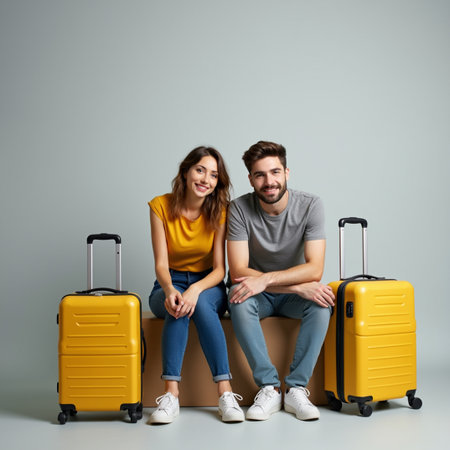 happy couple sitting on travel bags and looking at camera on gray backgroundの素材