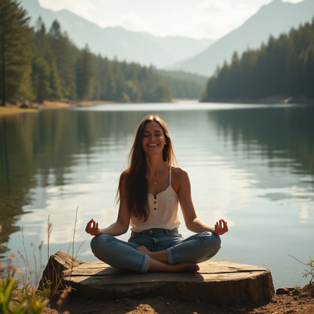 Beautiful young woman meditating on the shore of a mountain lakeの素材