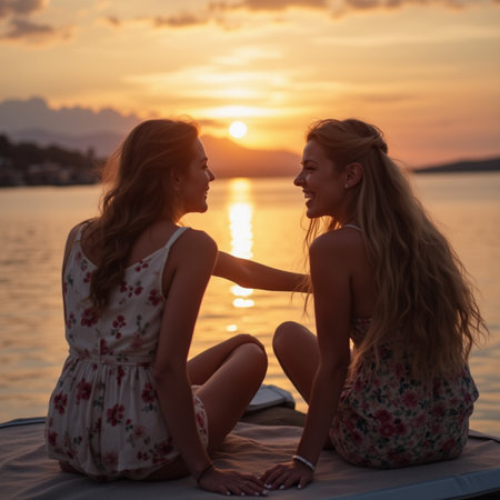 Two young women sitting on a boat by the sea at sunset.の素材