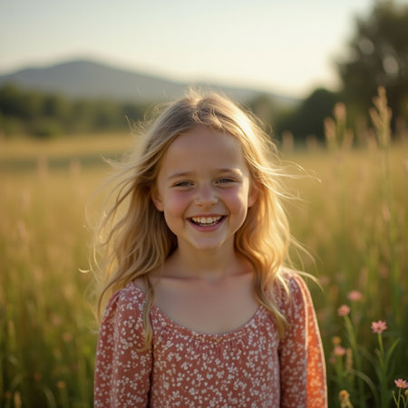 Little girl with blond hair in the field at sunset. Portrait of a beautiful little girl.の素材