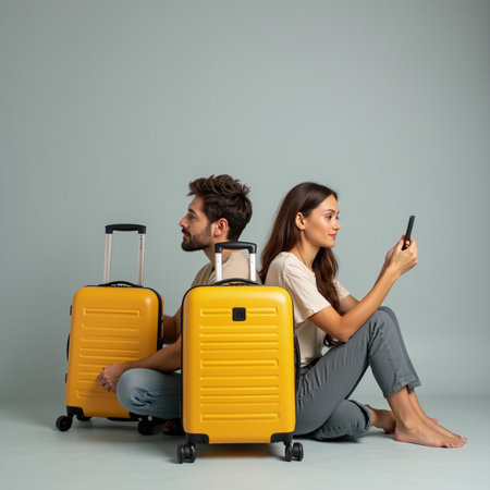 Young couple sitting on the floor with suitcases and looking at smartphoneの素材