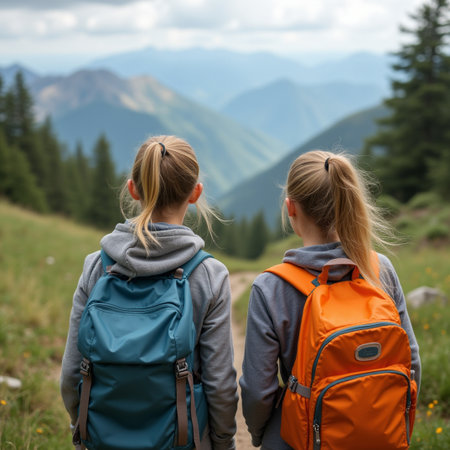 Back view of two girls with backpacks standing on mountain meadowの素材